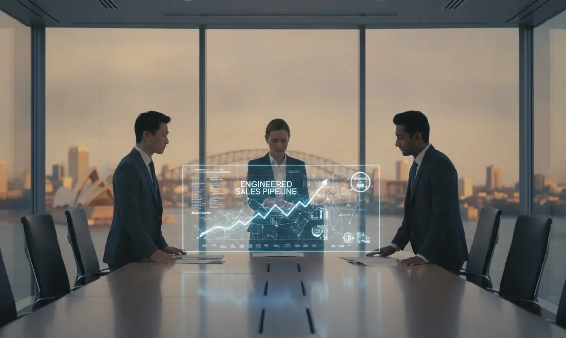 A team meeting around a boardroom table with search growth charts