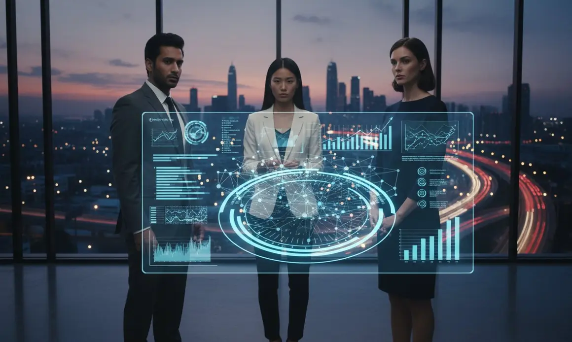 Three colleagues reviewing marketing performance data on a screen overlooking the city