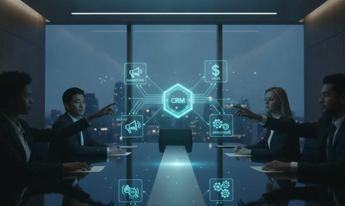A team around a table working with a connected CRM display