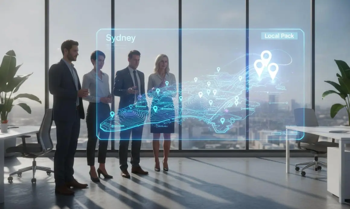 A team reviewing a map of Sydney with pinned business locations