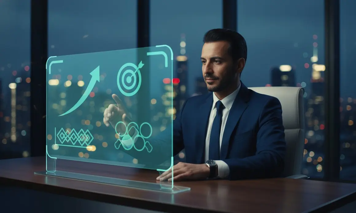 A businessman at his desk reviewing ad campaign results on a glass screen