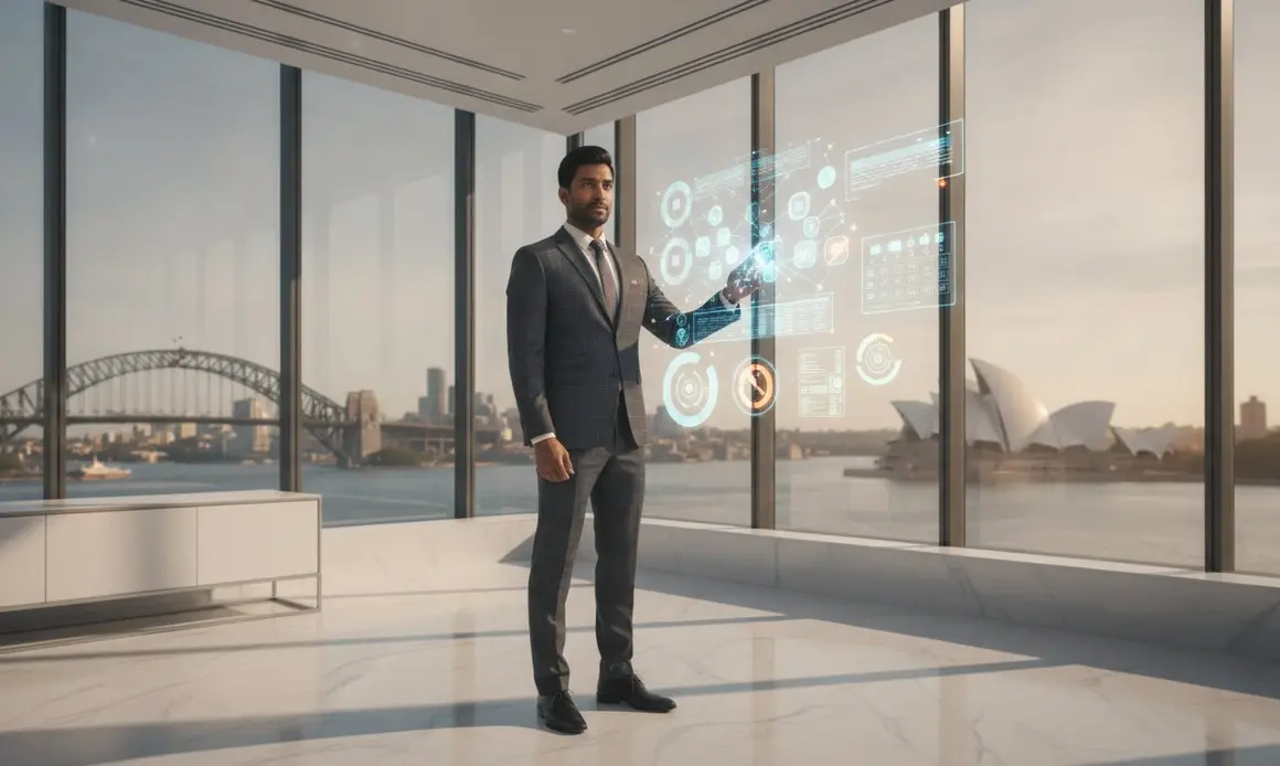 A businessman using a scheduling display in an office overlooking Sydney Harbour