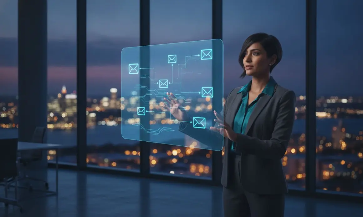A woman reviewing email campaigns on a screen overlooking the city at night