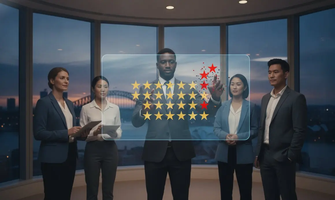 A team standing beside a display of five-star customer ratings
