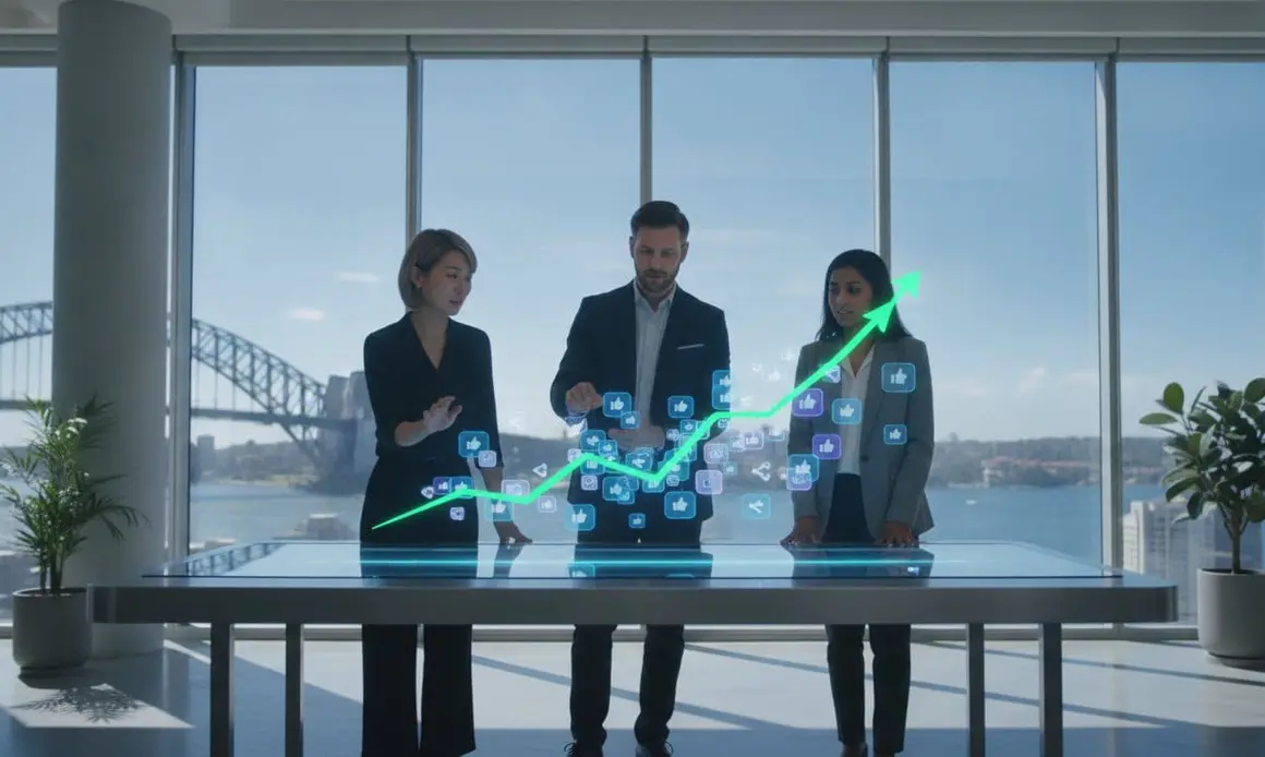 Three colleagues tracking social media growth in an office facing the Harbour Bridge