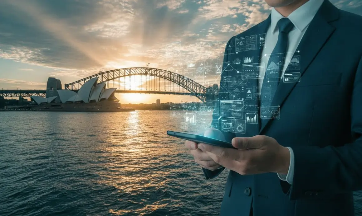 A businessman holding a tablet beside Sydney Harbour at sunset